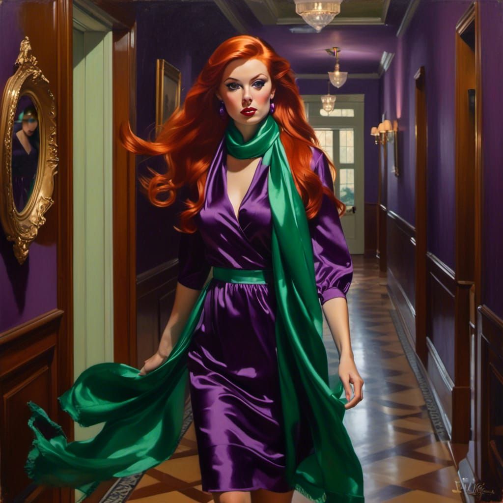 Redhead in Purple Dress Navigates Spooky Mansion