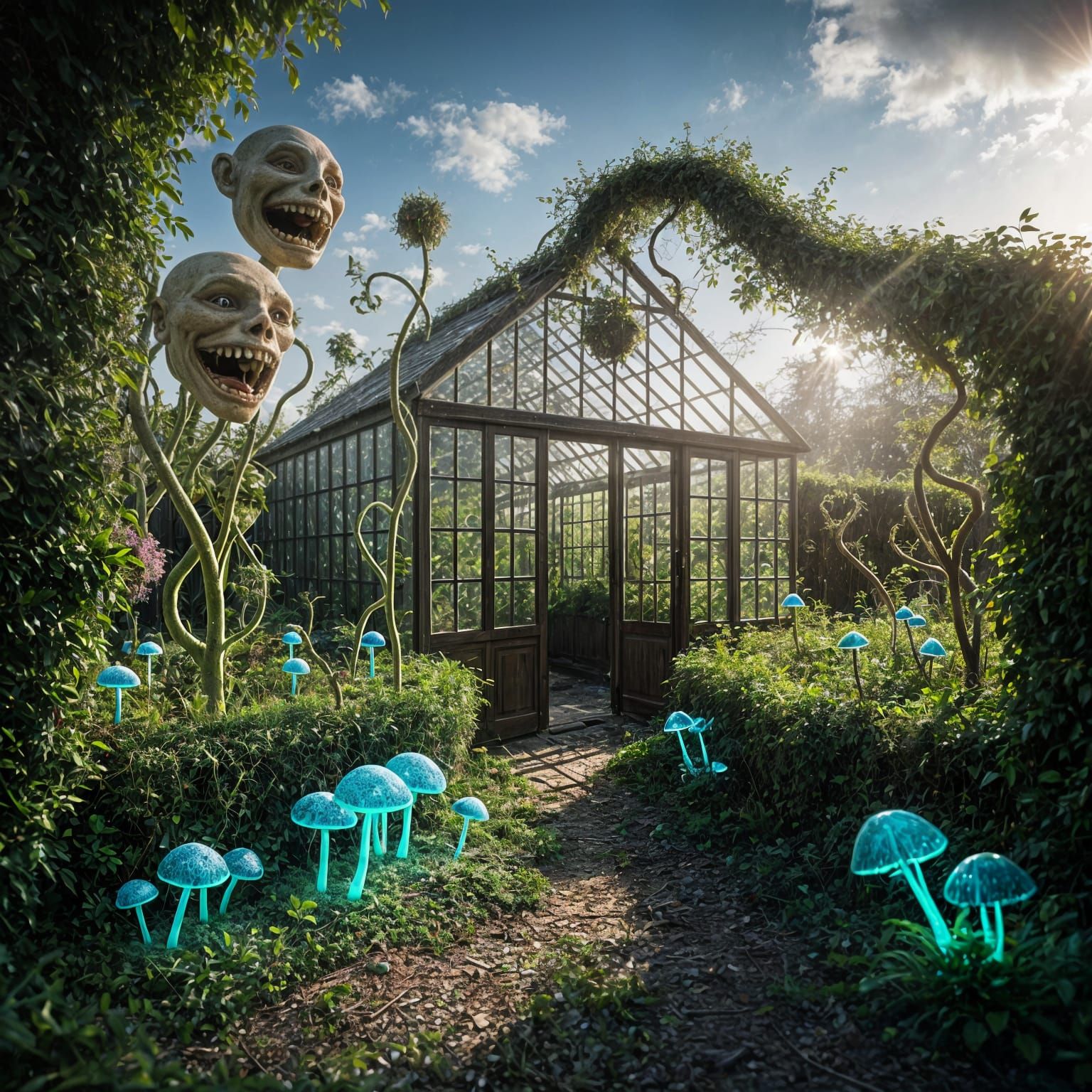 Surreal Garden with Eerie Flowers in Sunlight