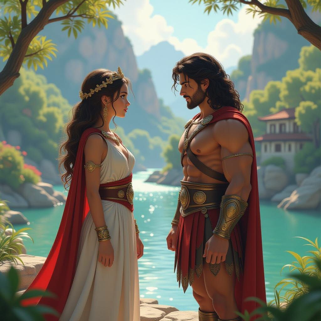 Heracles and Dasha Admire Peneus River in Fantasy Children's...