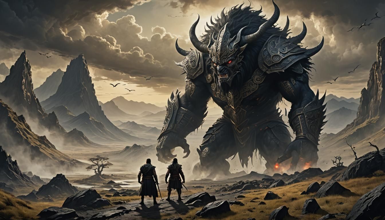 Māori Hero Confronts Whiro in Desolate Landscape