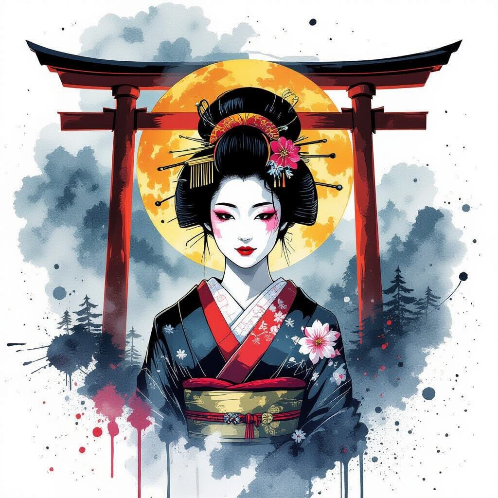 Geisha Silhouette Emerging from Ink Splatter Moon Gate