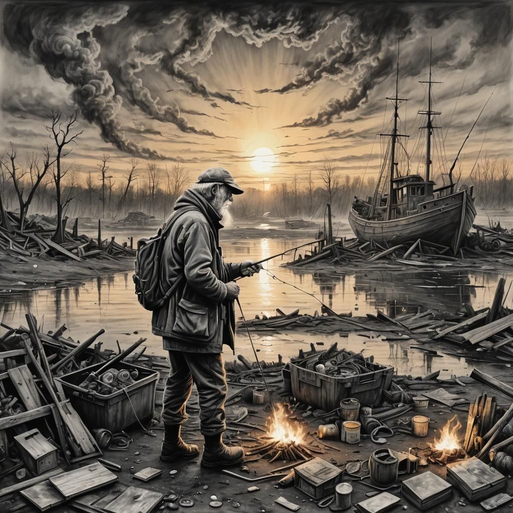 Post-Apocalyptic Old Man Fishing at Sunrise