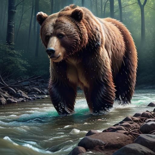 Majestic Brown Bear in Forest Clearing: Hyperrealistic Splas...