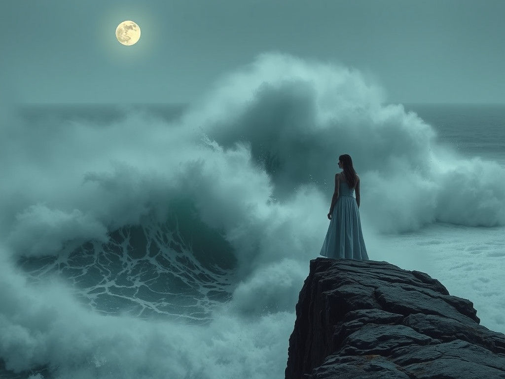 Woman Gazing at Stormy Sea in Surreal Style
