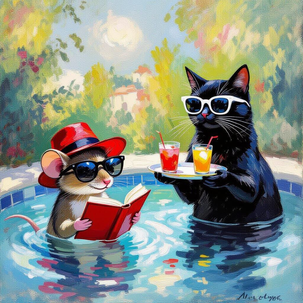 Mouse Reads Book in Pool with Giant Cat, Impressionist Style