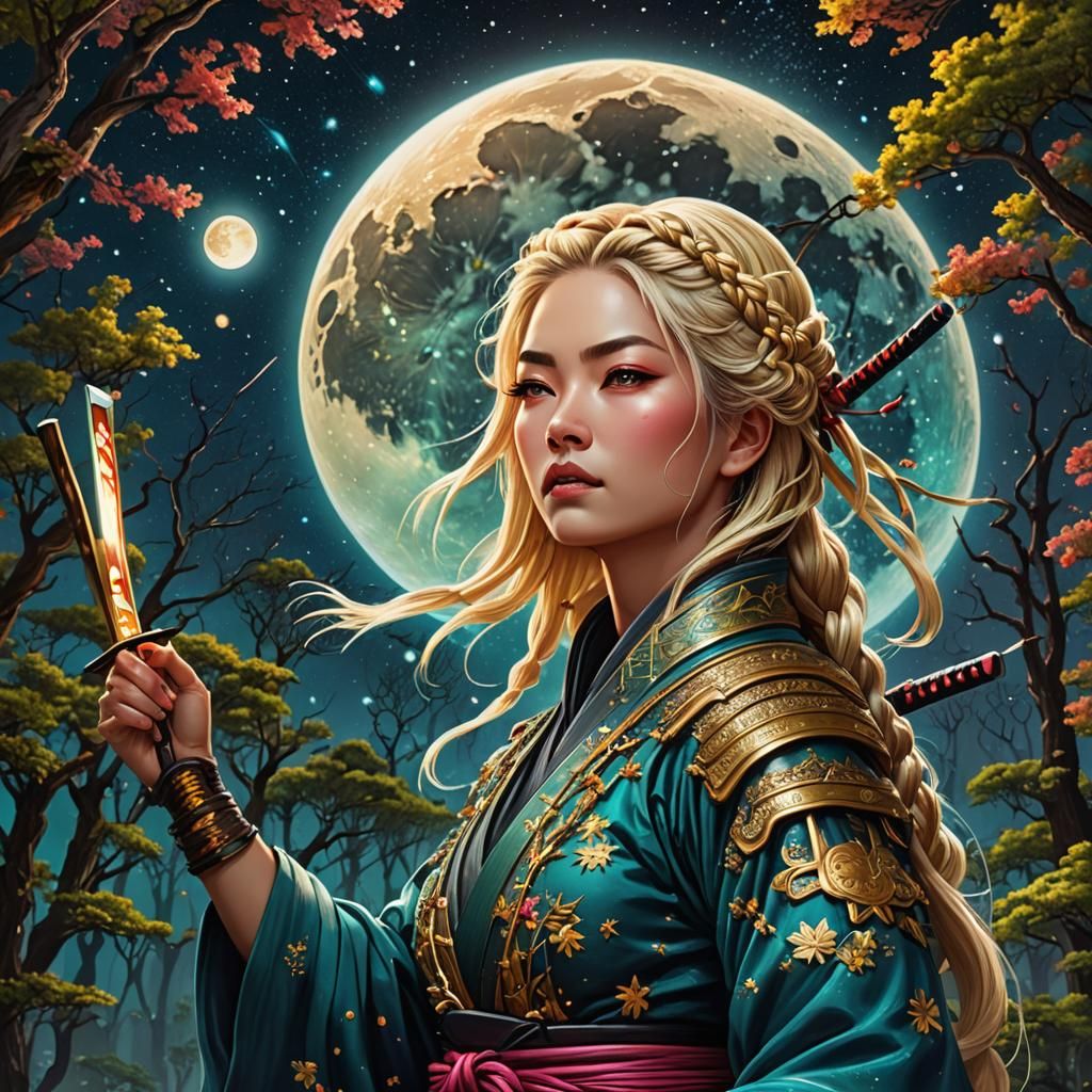 Galactic Samurai Woman with Katana Under Moonlight