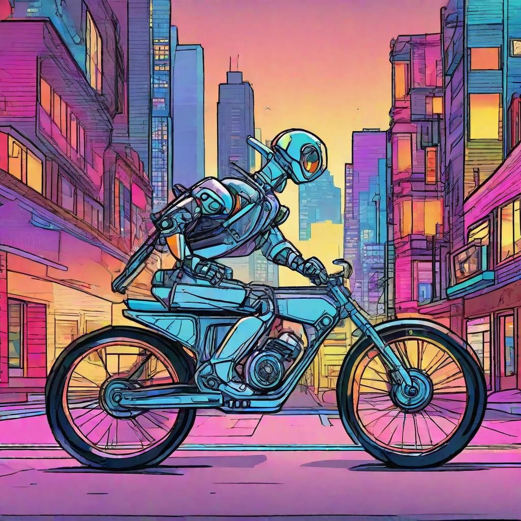 Robot Rides Bike in Toon-Style City