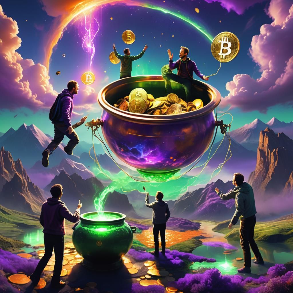 Coldplay Grasping a Glowing Pot of Bitcoins in a Vibrant, Dr...