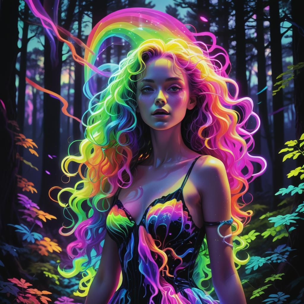 Rainbow Figure in Fluorescent Forest: Surreal Illustration