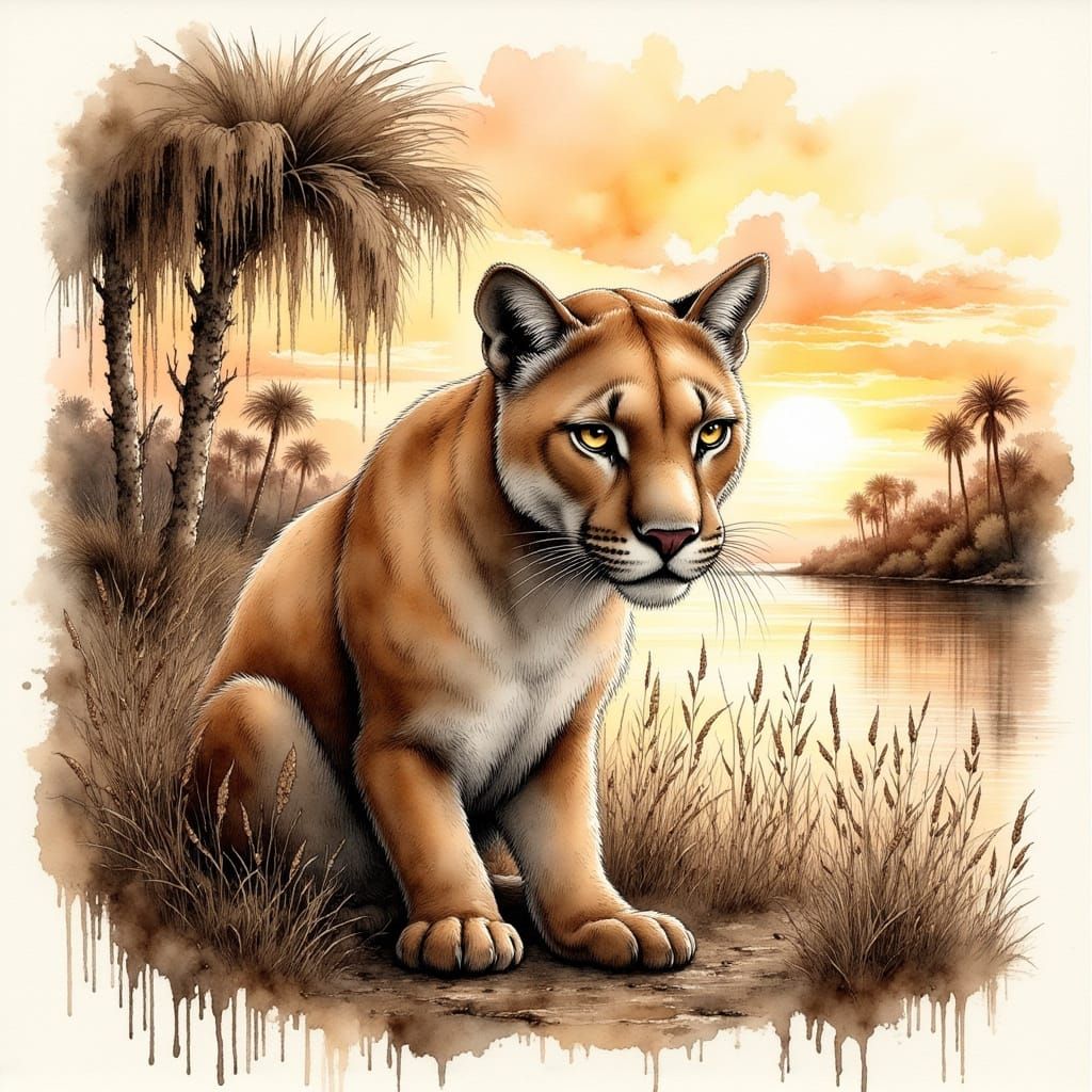 Florida Panther Portrait in Japanese Ink Wash Style