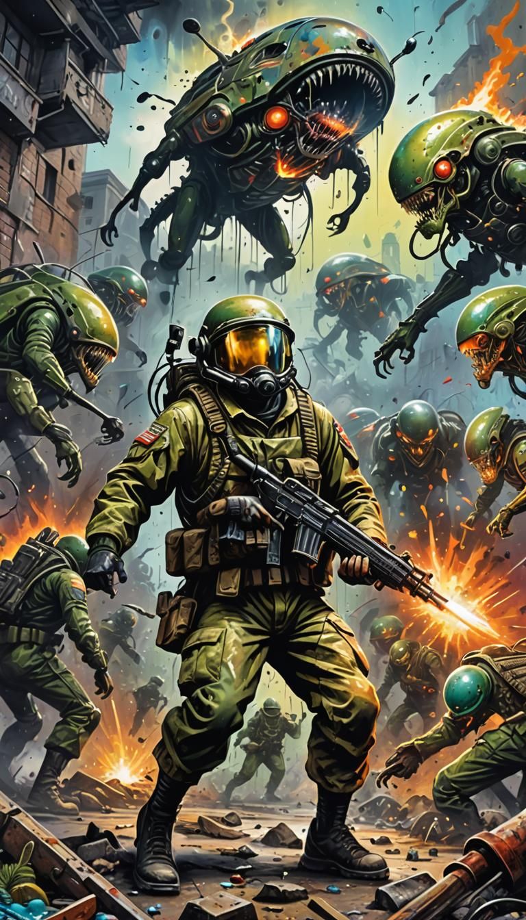 WWII Soldier Versus Aliens in Graffiti Art Style