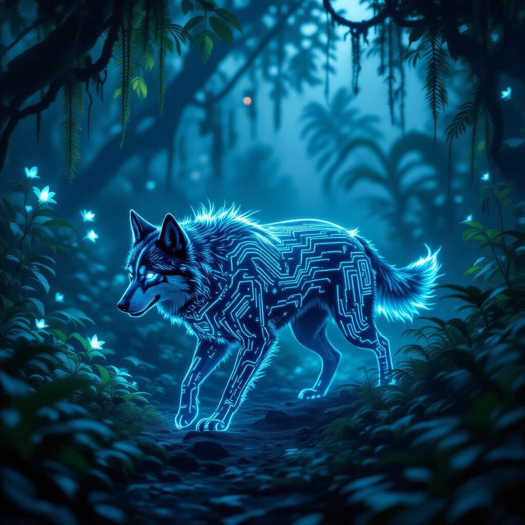 Bioluminescent Cybernetic Dog in Alien Jungle