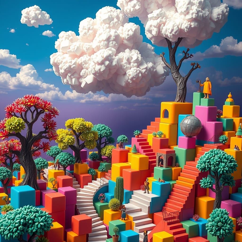 Surreal Cubist Landscape of Interlocking Squares and Winding...