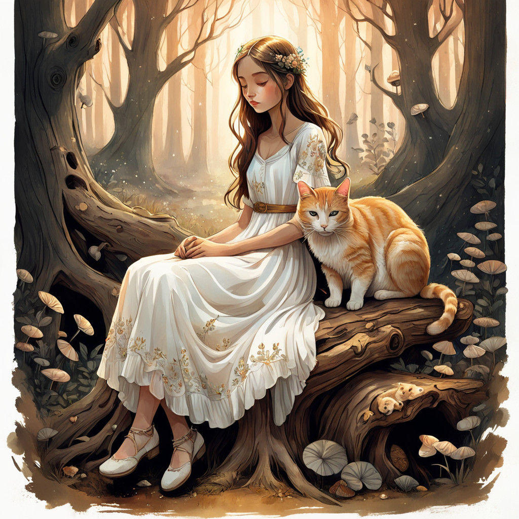 Girl with Cat in Mystical Forest Illustration