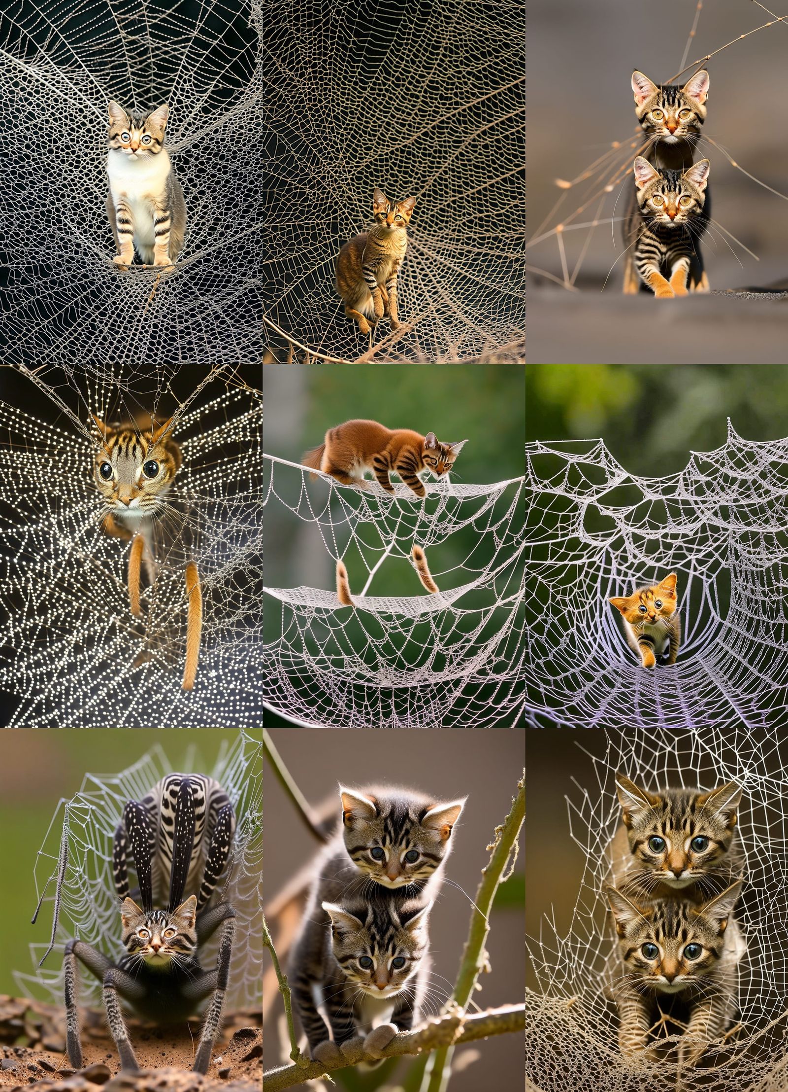 half kitten half spider 8 legs 2 eyes and a tail sitting in middle of web