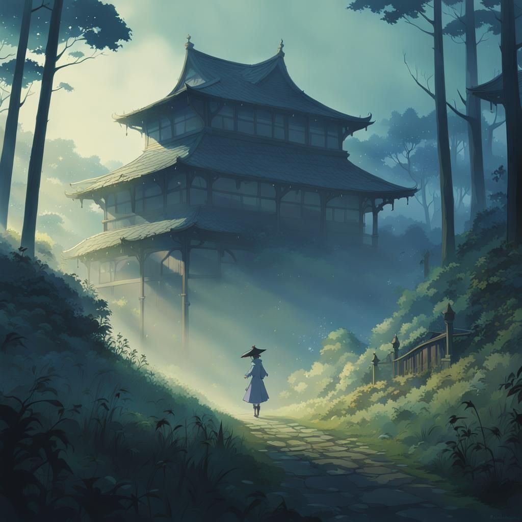 Eerie Pre-Raphaelite Lake Forest in Anime Style