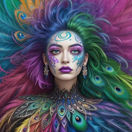Rainbow Woman with Peacock Feathers in Expressionist Style