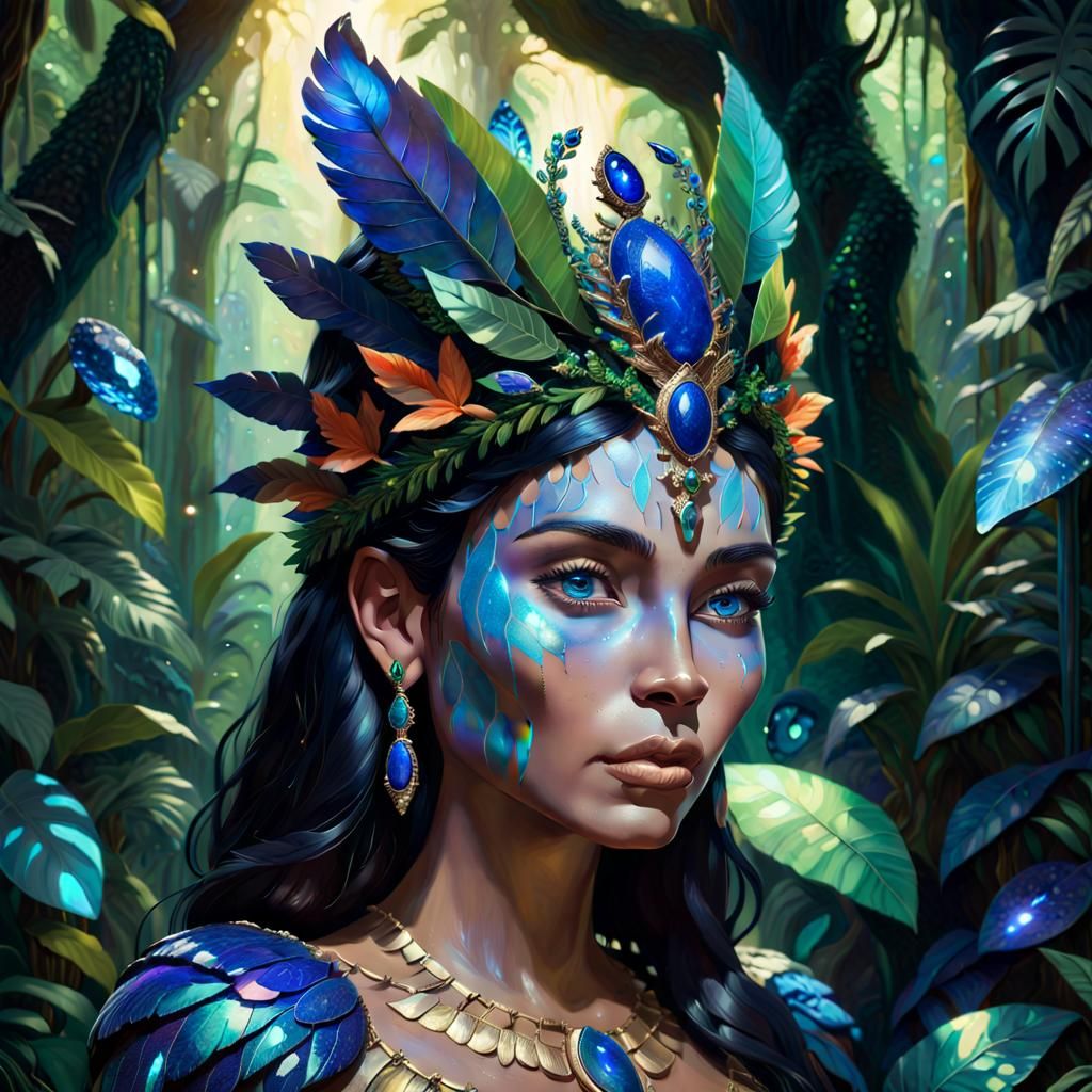 Regal Amazonian Queen Shines in Iridescent Jungle, Lapis Laz...