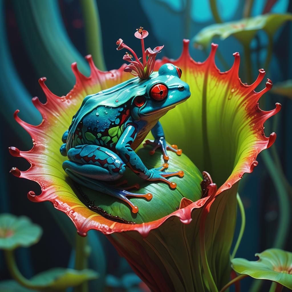 Borneo Horn Frog in a Vibrant Pitcher Plant