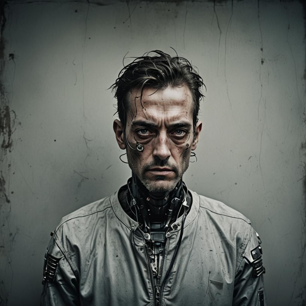 Sad Cyborg Robot Portrait in Ambient Light