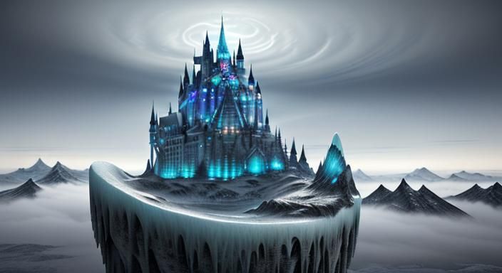 a beautiful, modern, mystical iridescent glass castle situated on the peak of an icy mountain. The castle should be enve...
