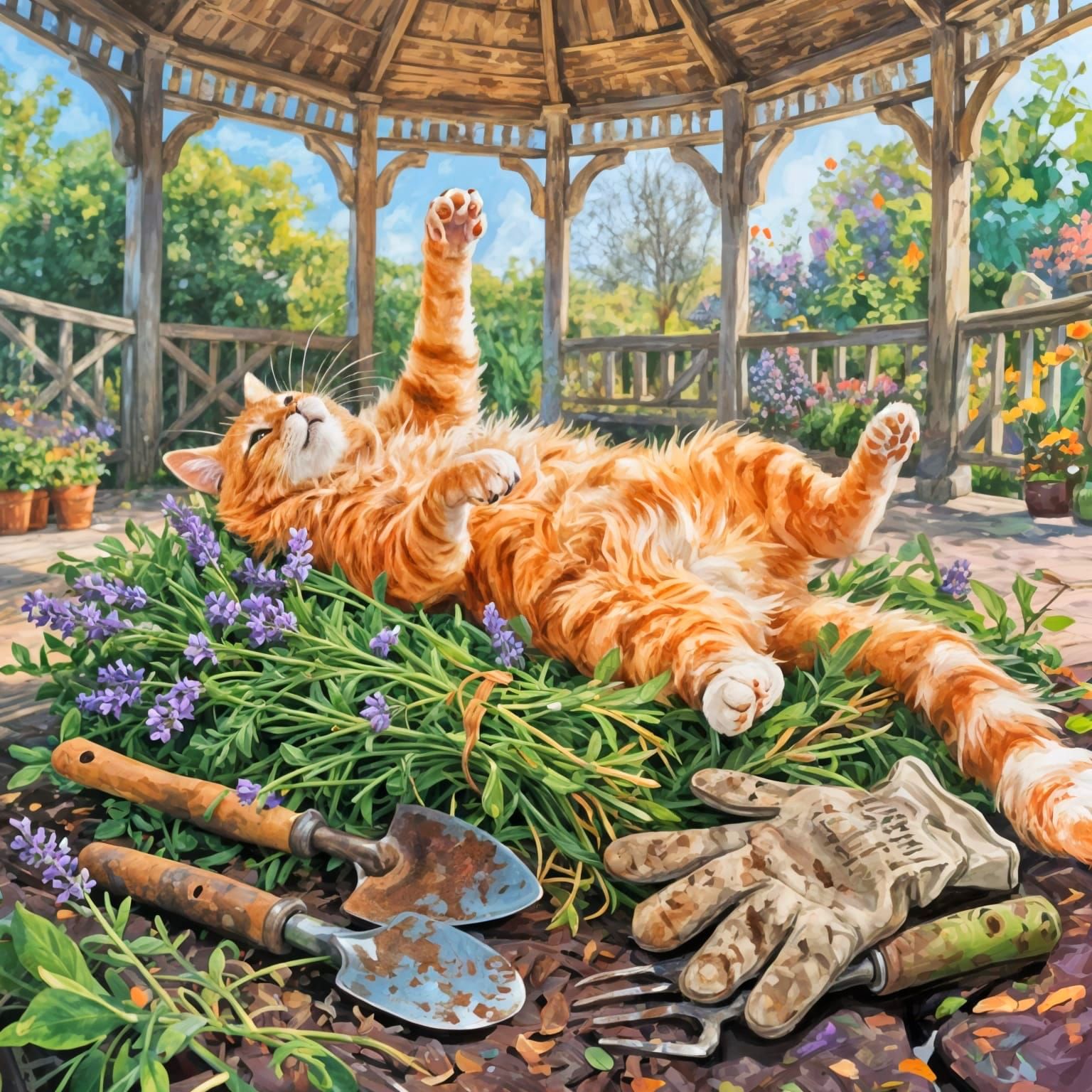 Orange Cat Blissfully Playing in Catnip Inside Gazebo