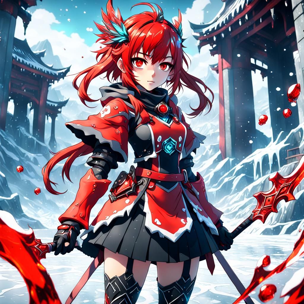 Anime Red Ice Girl: Detailed Matte Painting