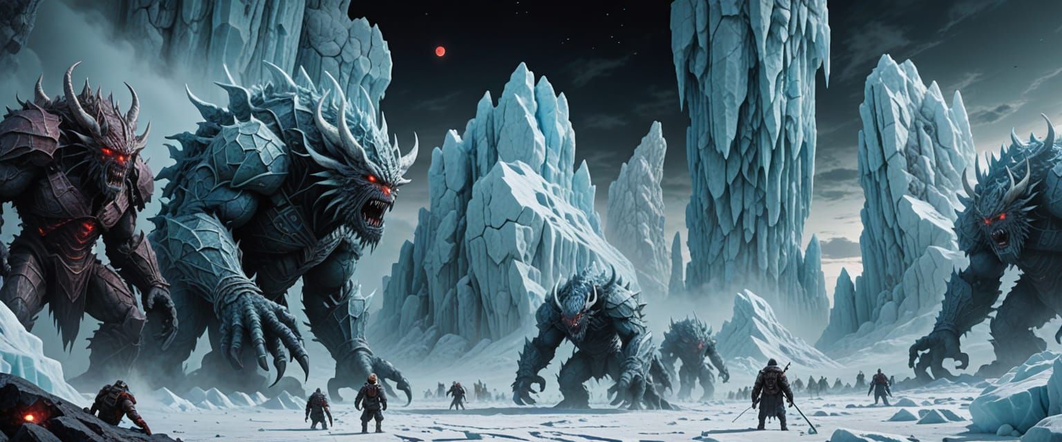 Giant Cyclopean Monsters Stand Ready on Frosty Lunar Landsca...