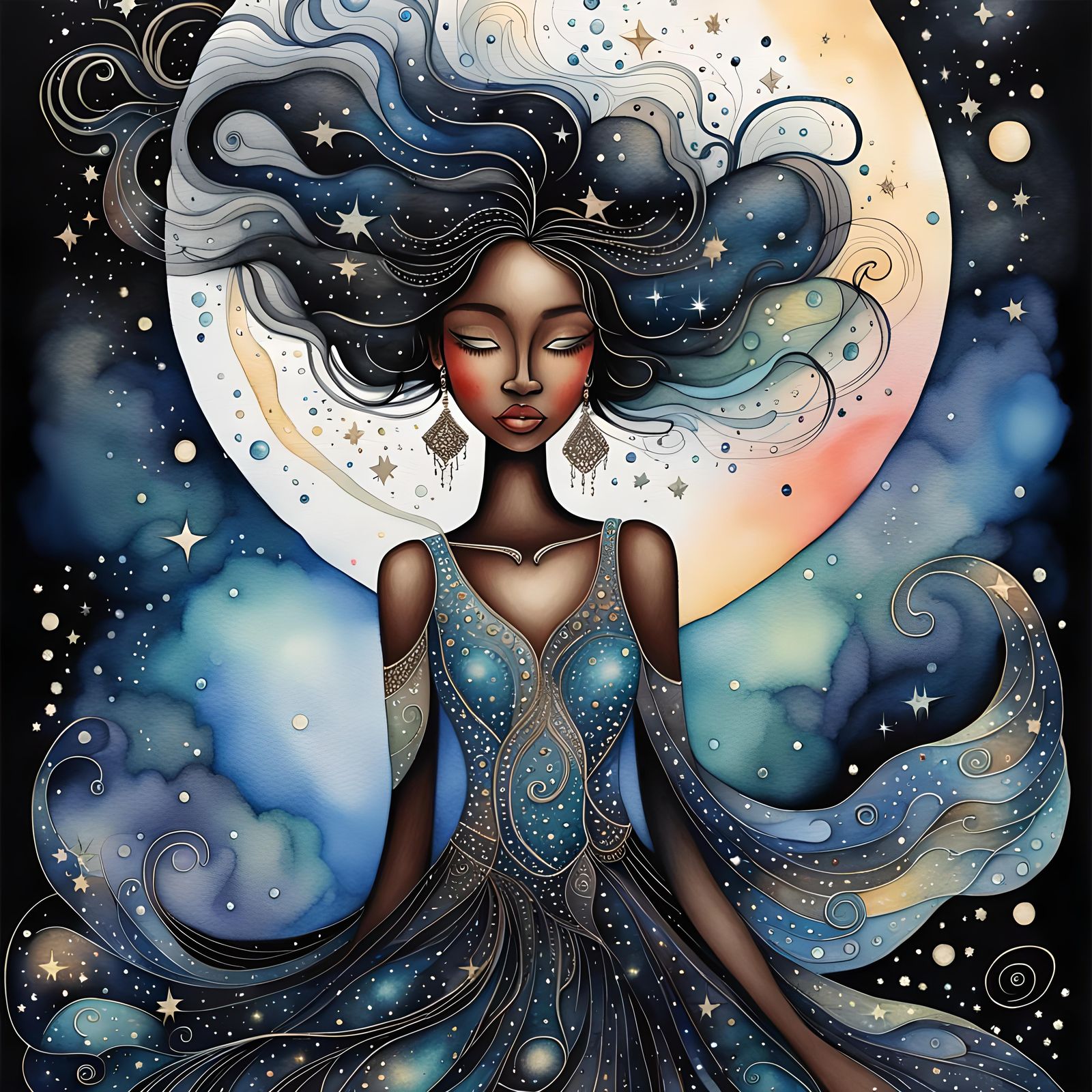 Dreamlike Night Lady in Watercolor and Ink