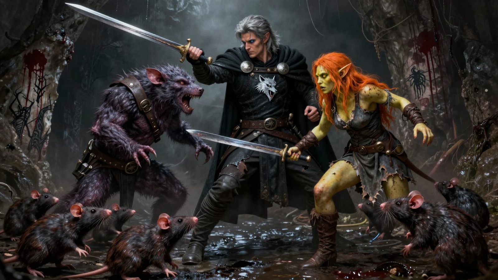 Fantasy Warriors Battle in Dark Sewers