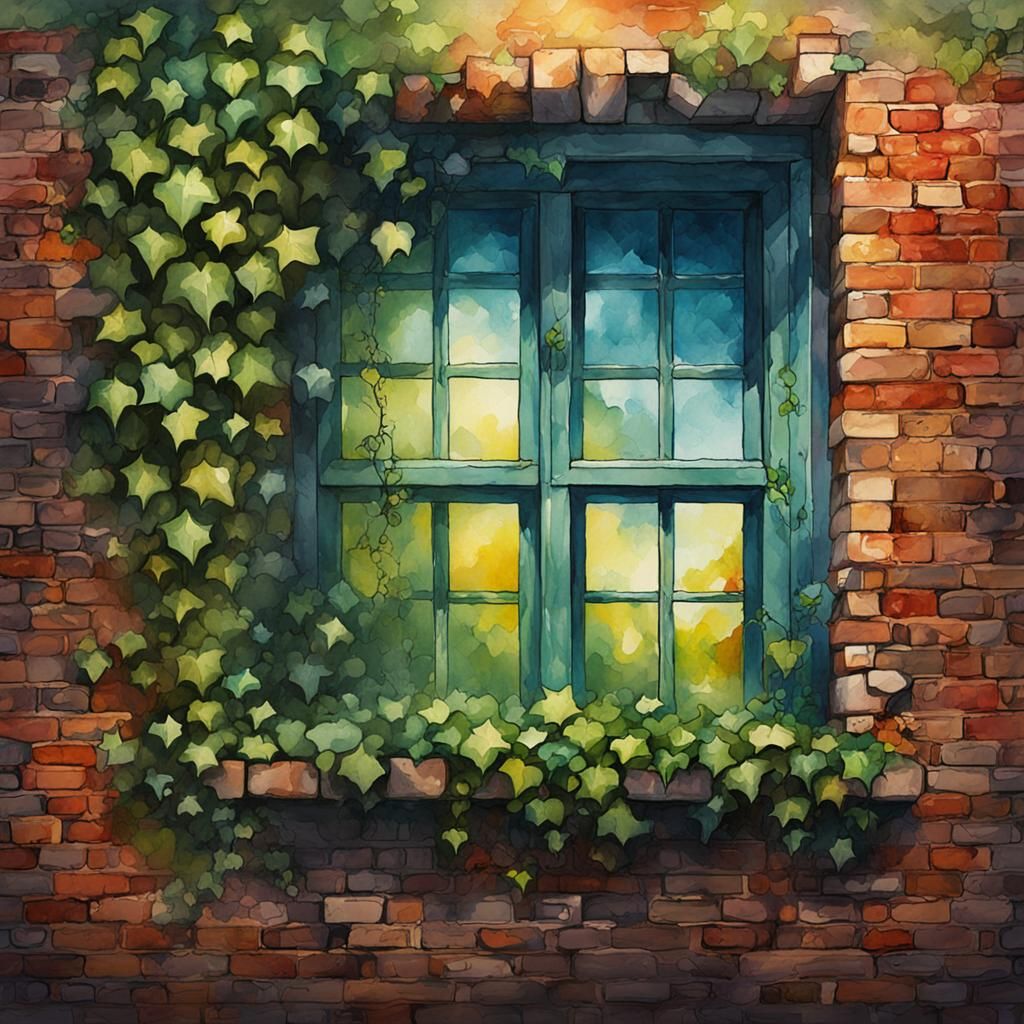 Ivy on Brick Wall in Watercolor Style