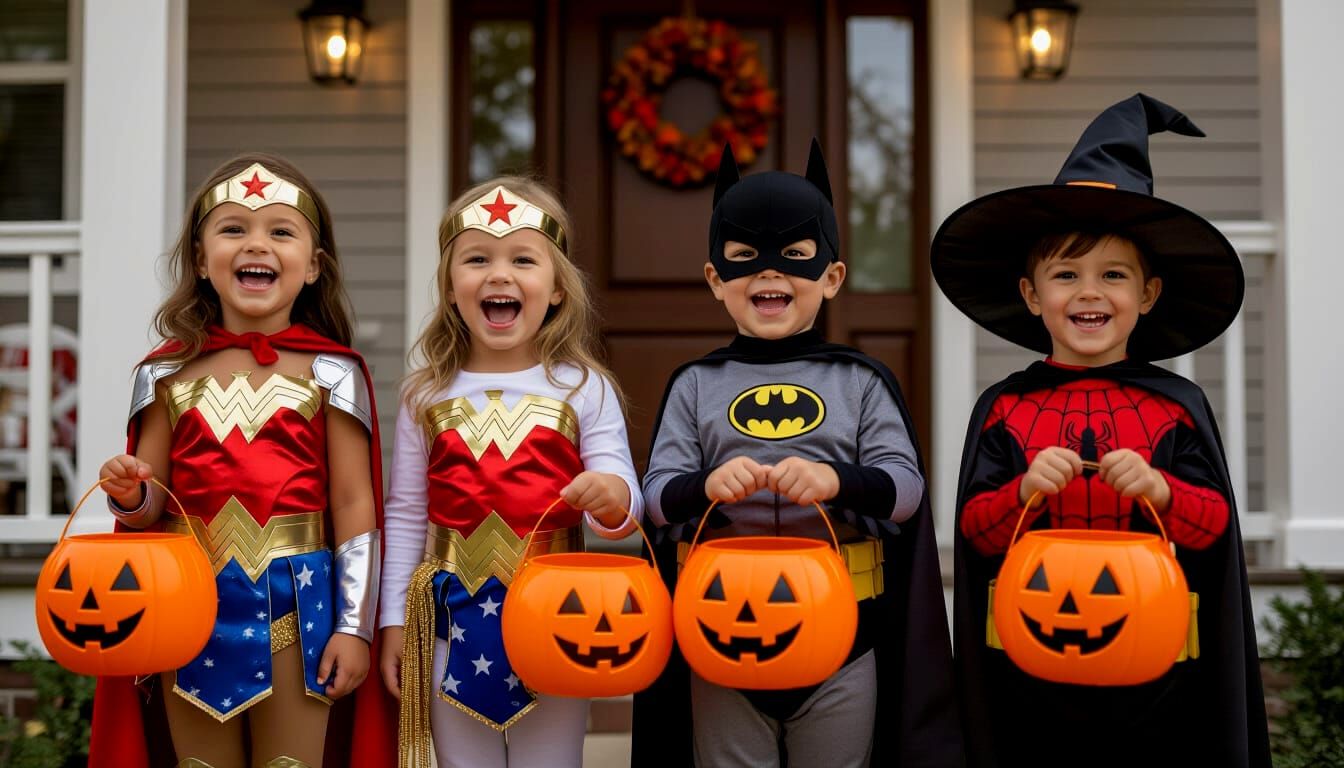 Children Trick-or-Treating in Halloween Costumes