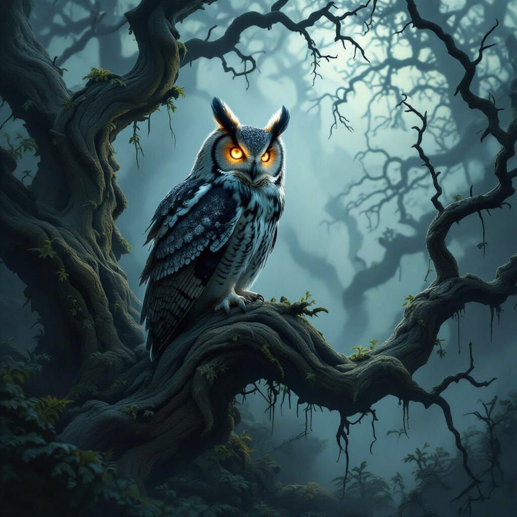 Spectral Owl in Mystical Forest, Dark Fantasy Art
