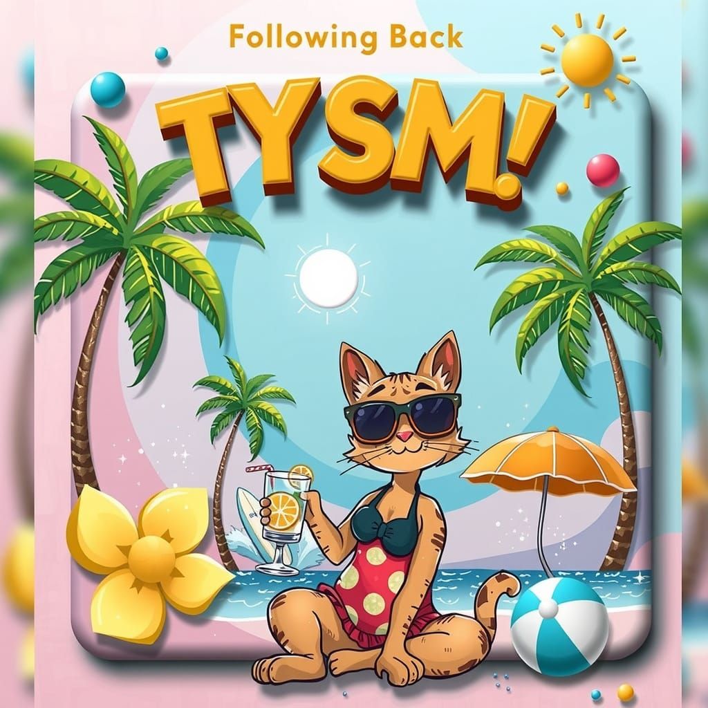 Vibrant and playful raised text that says "TYSM Following Back" set against a subtly textured backdrop in a whimsical, m...