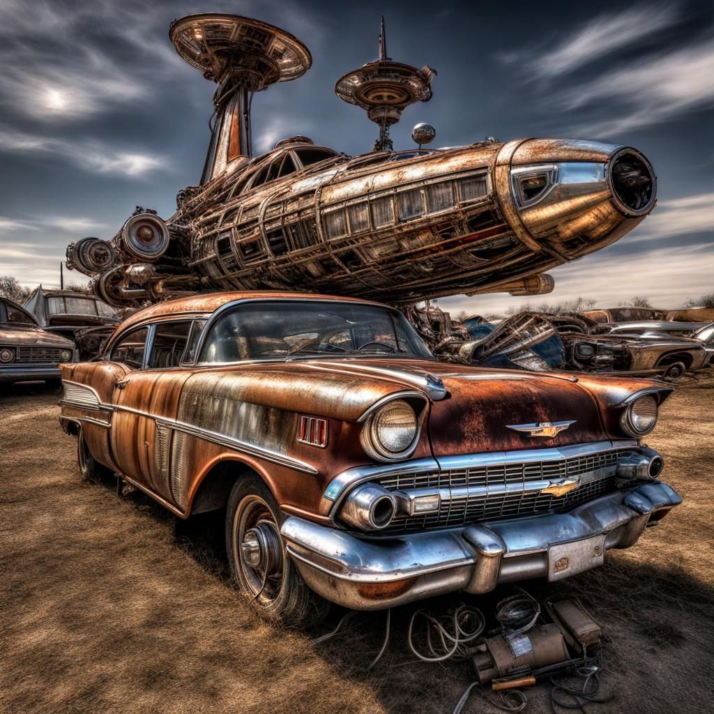 Stellar Spaceship Lifts Classic Car in Junkyard