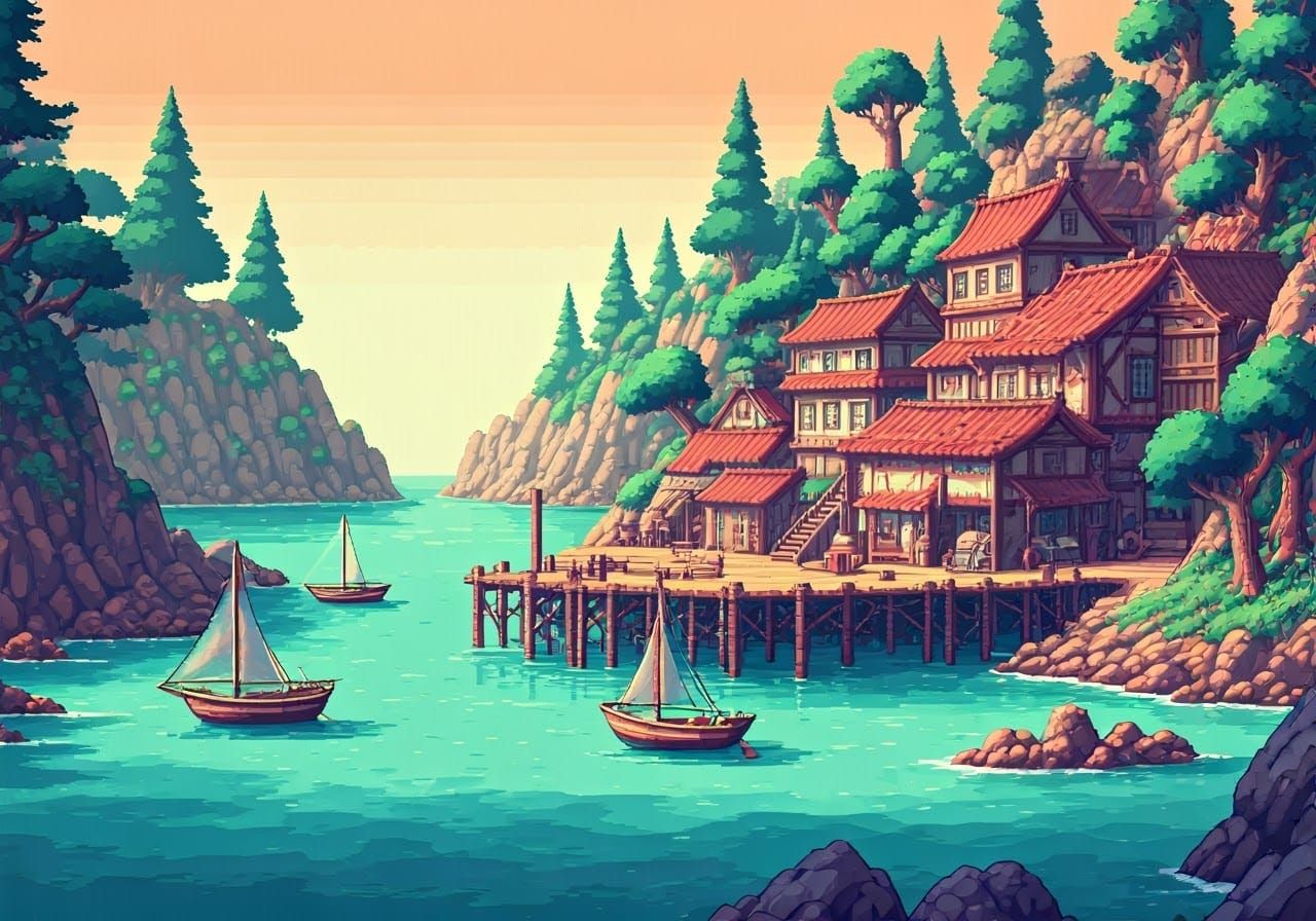 Vibrant Pixel Art Coastal Town in 8-bit Style