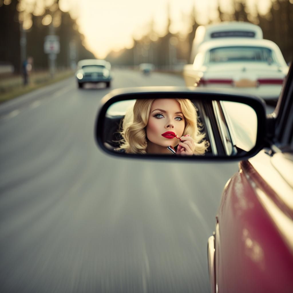 Blonde Woman Applying Lipstick in 1960s Car