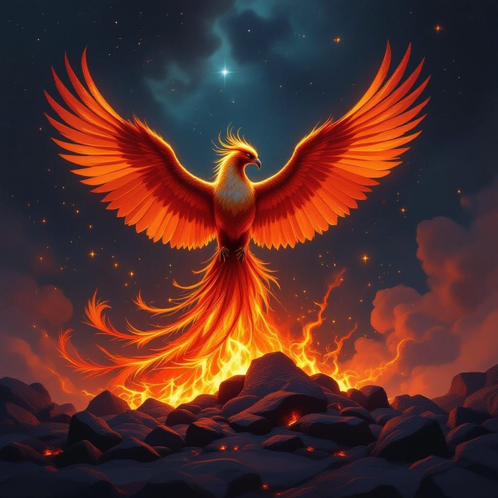 Majestic Phoenix Rises From Embers in Cosmic Nebula