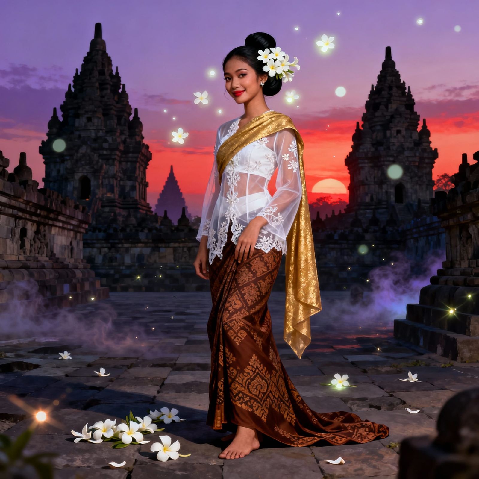 Javanese Woman at Prambanan Temple at Dusk