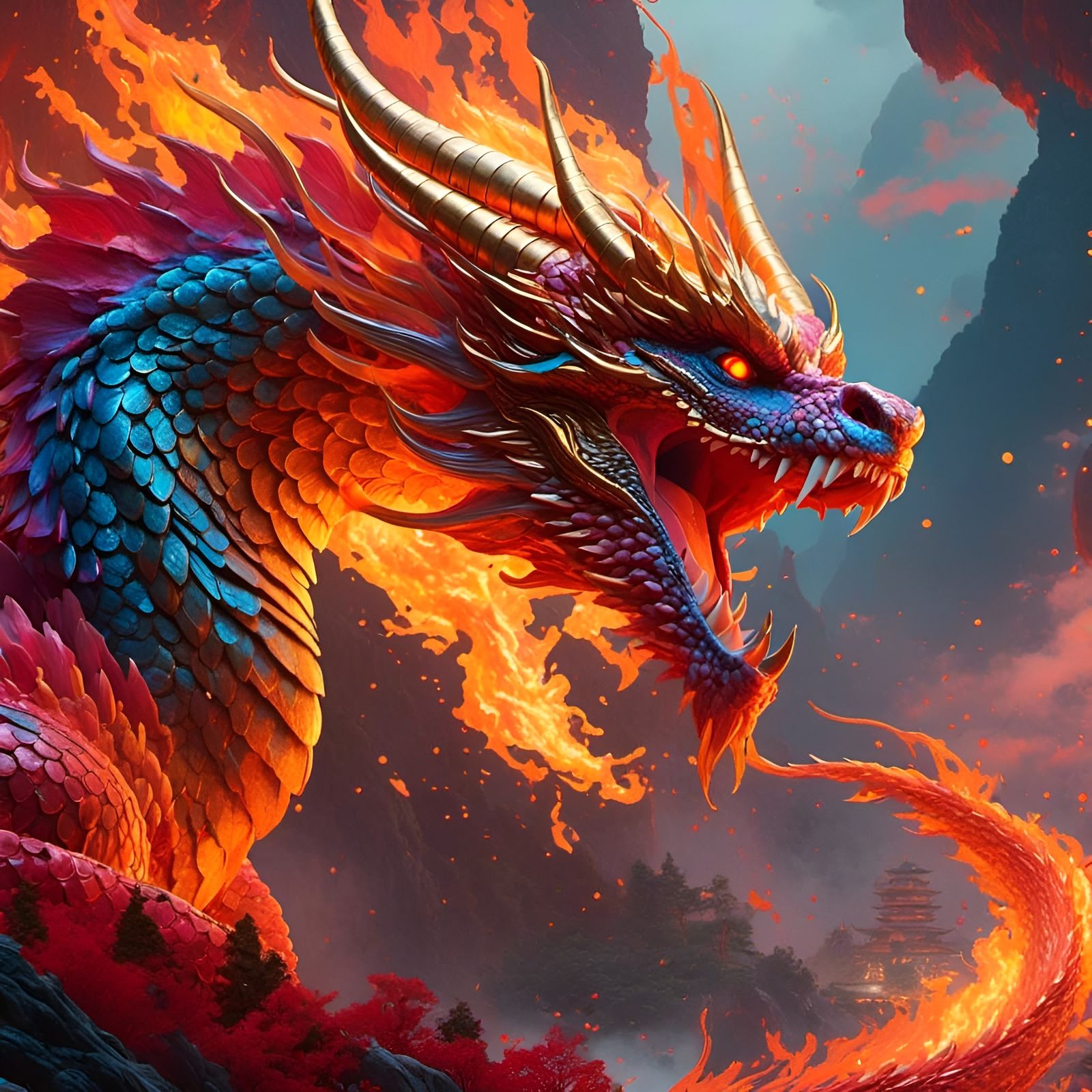 Dramatic Fire Dragon in Hyperrealistic Splash Art