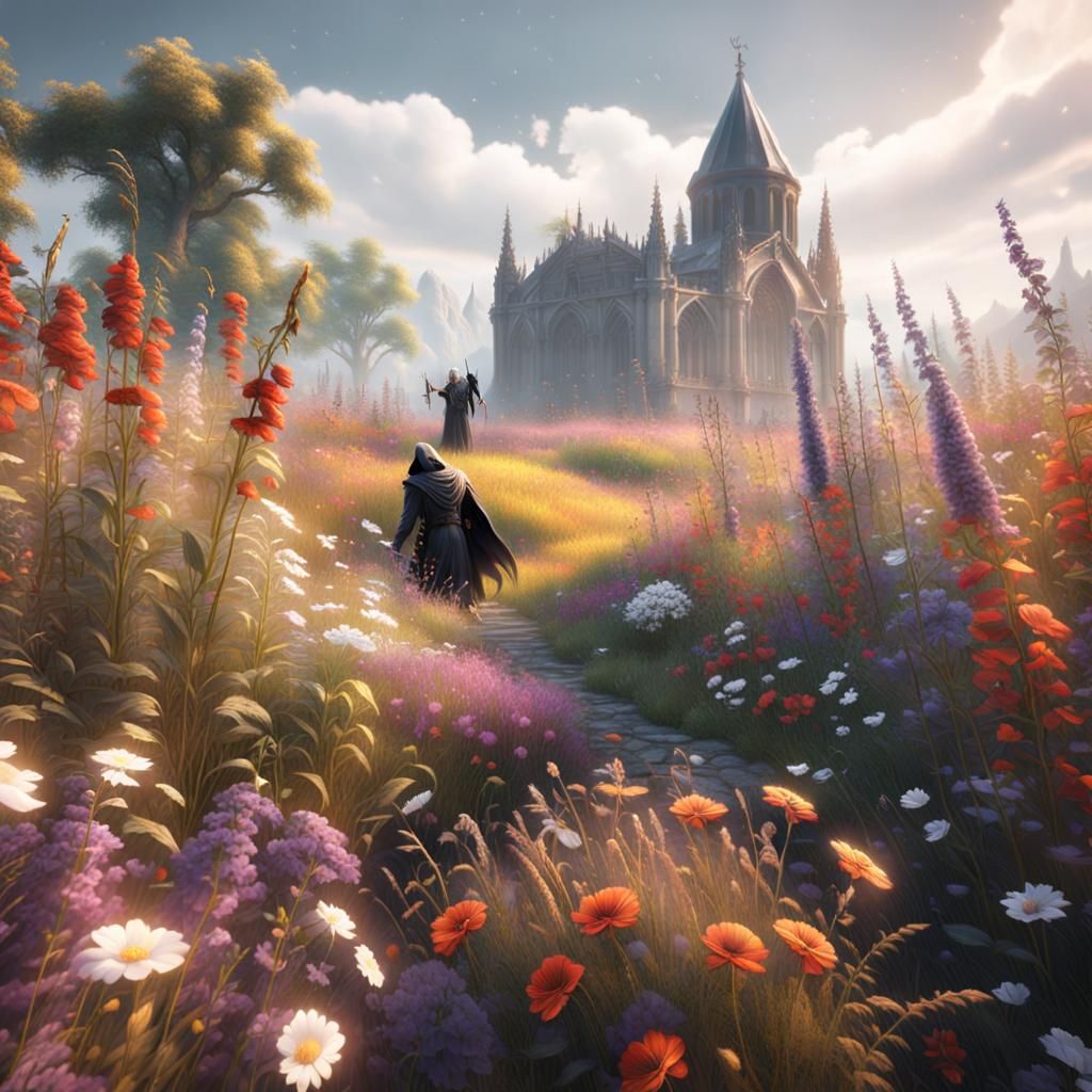 Grim Reaper in Flower Meadow: Digital Matte Painting