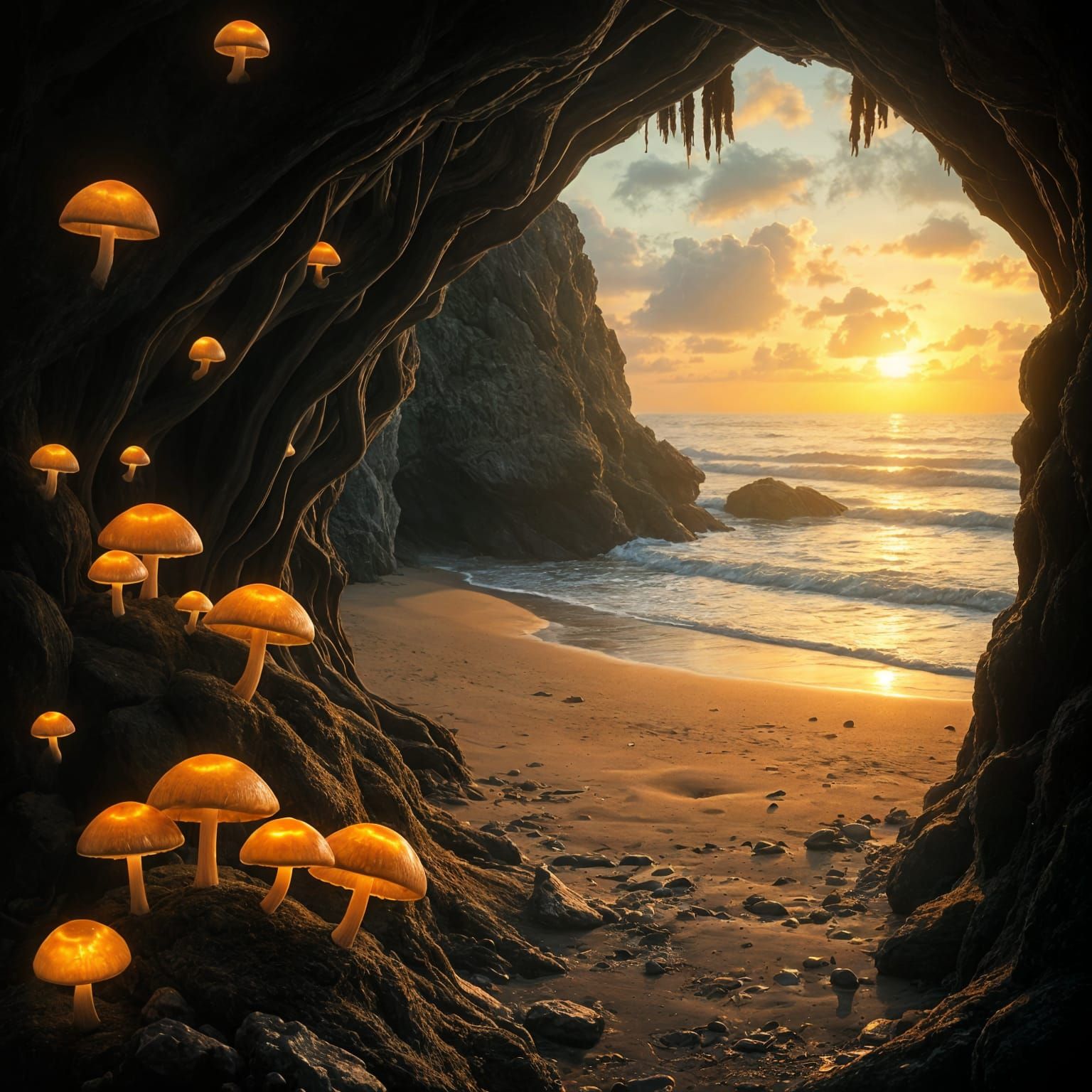Surreal Sunset Beach Scene with Glowing Mushrooms