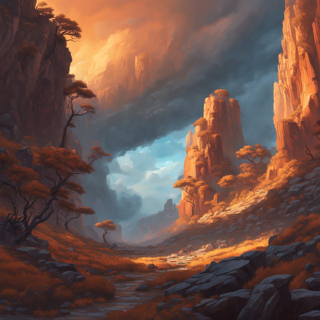 Fantasy Landscape Split Between Stormy and Sunny Skies