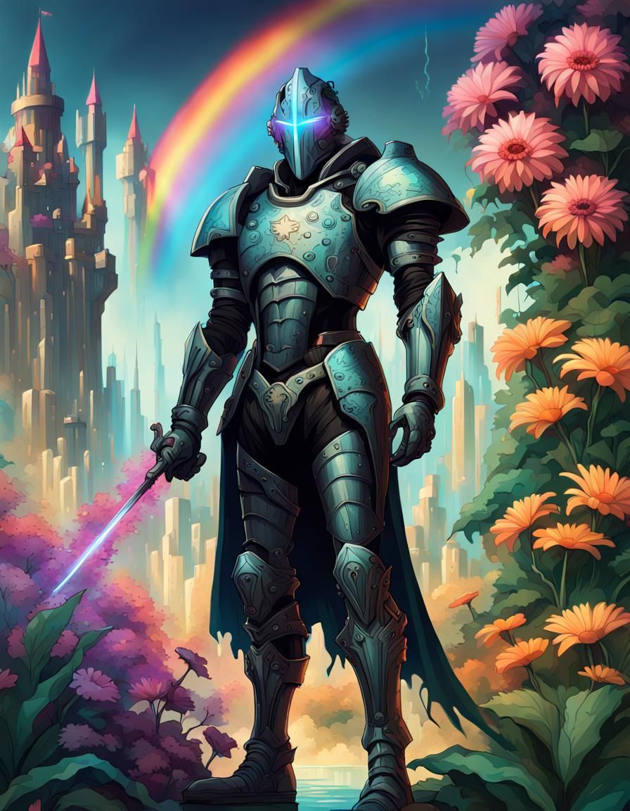 Cyberpunk Knight in Prehistoric Garden