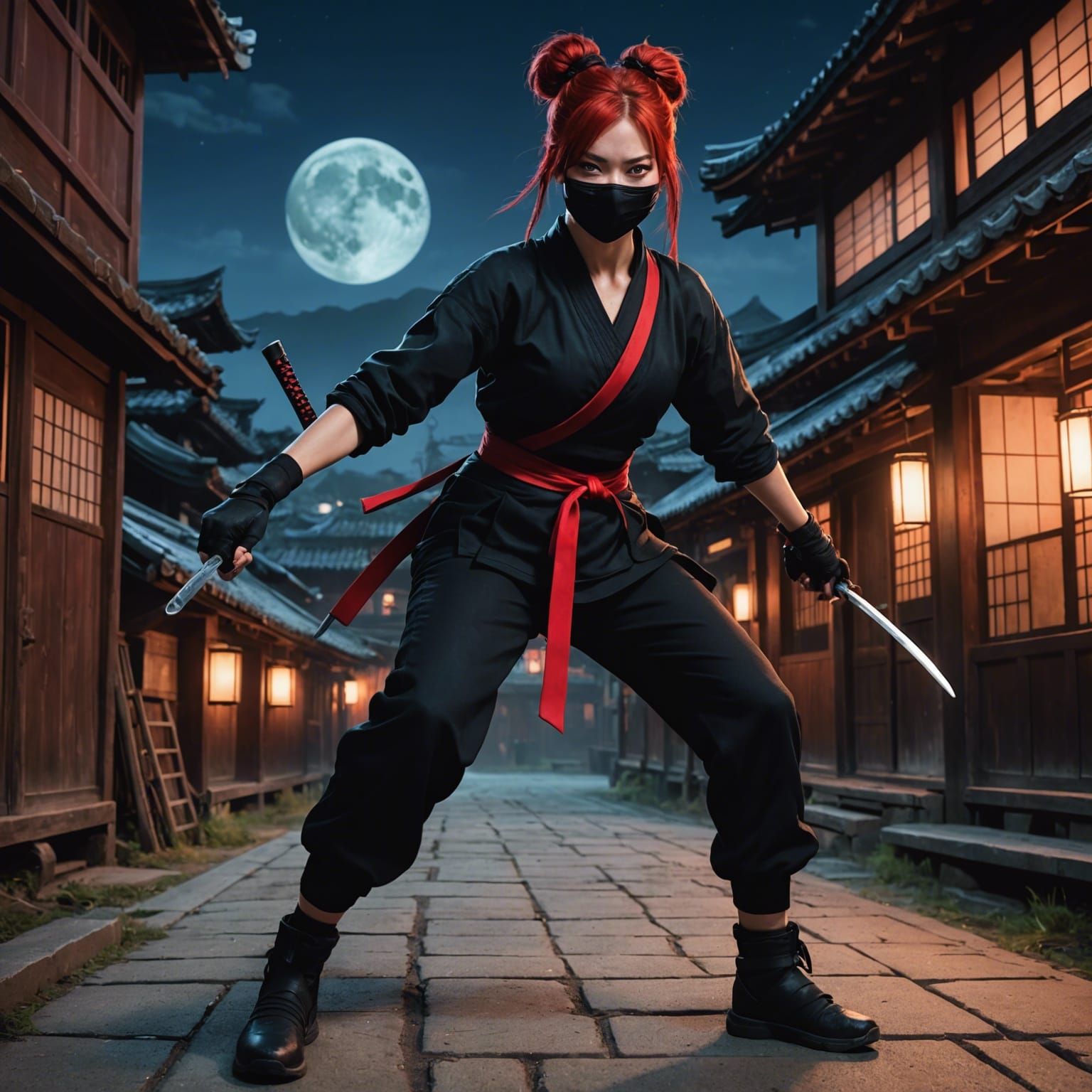 Female Ninja in Japan at Night