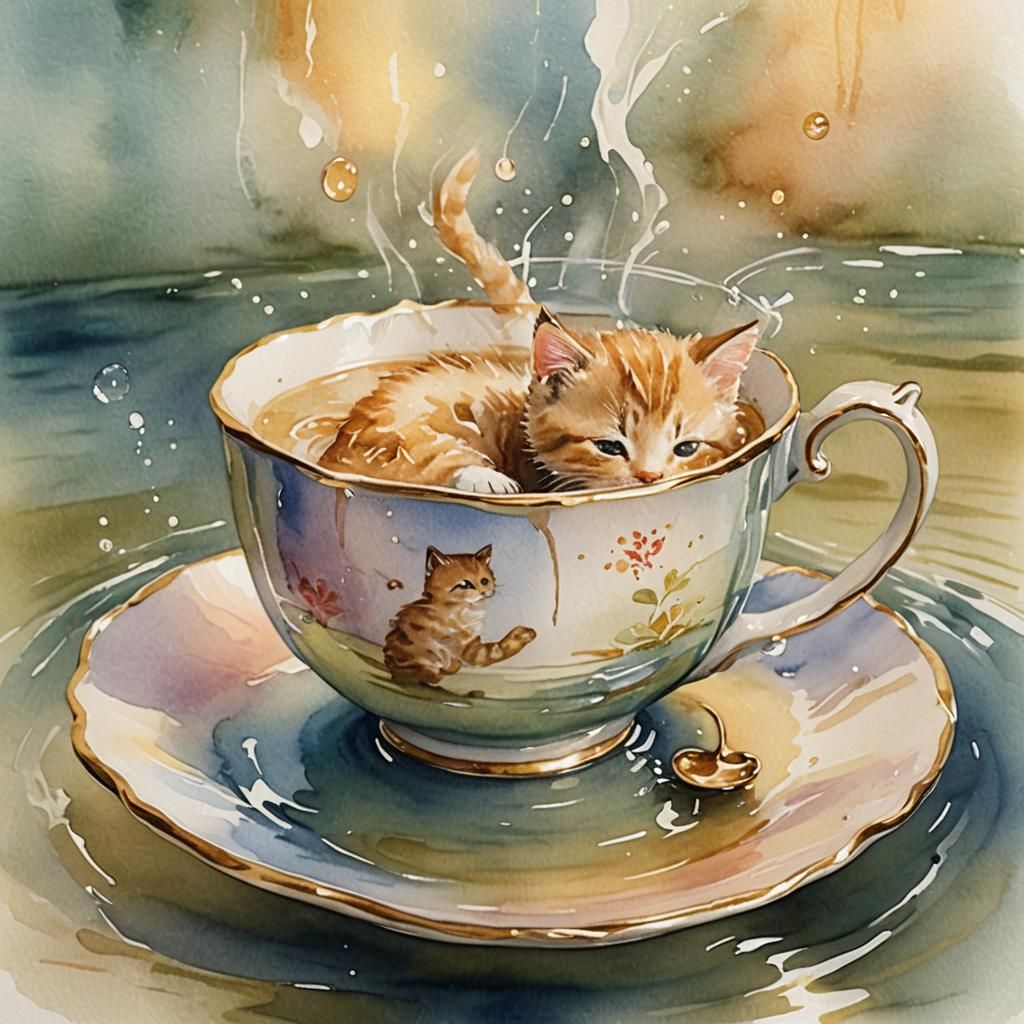 Kitten Bathing in Teacup Watercolor Illustration