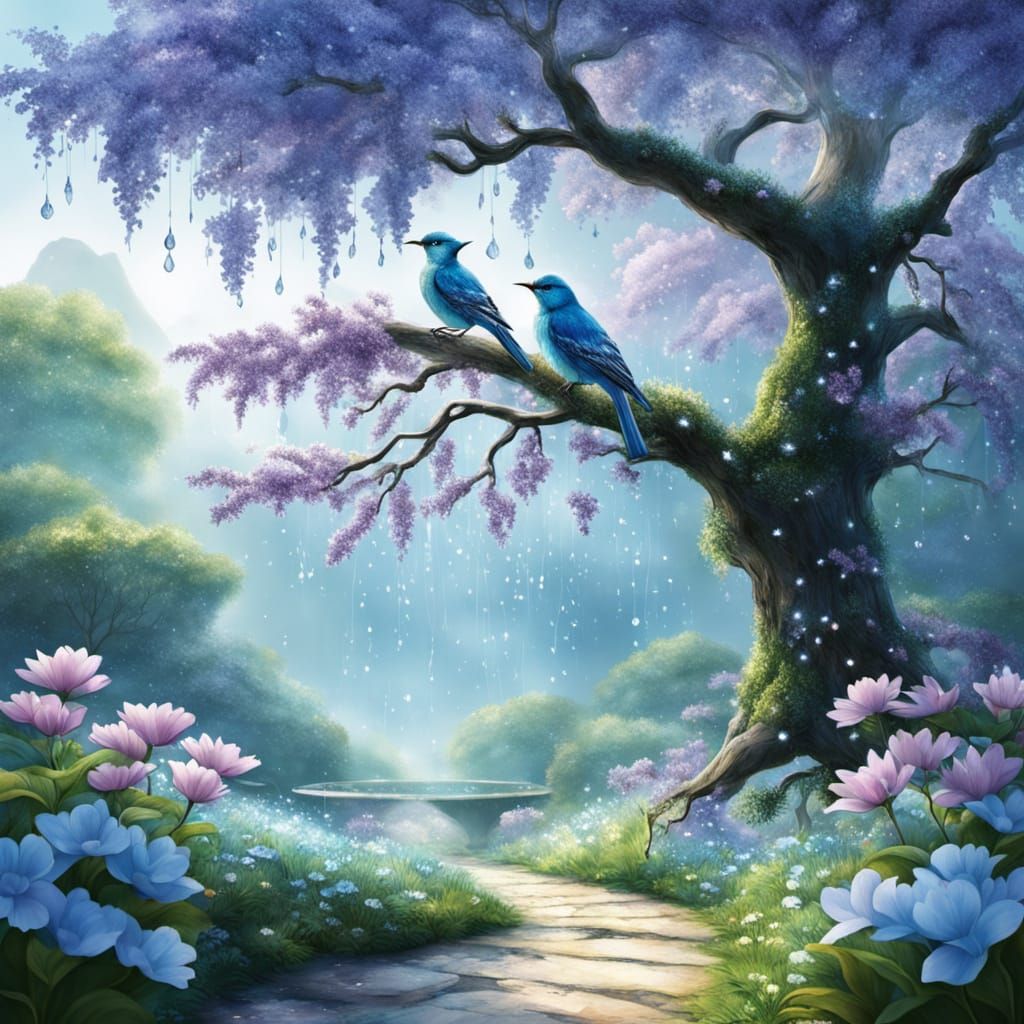 Enchanted Blue Tree in a Fairy-Tale Garden