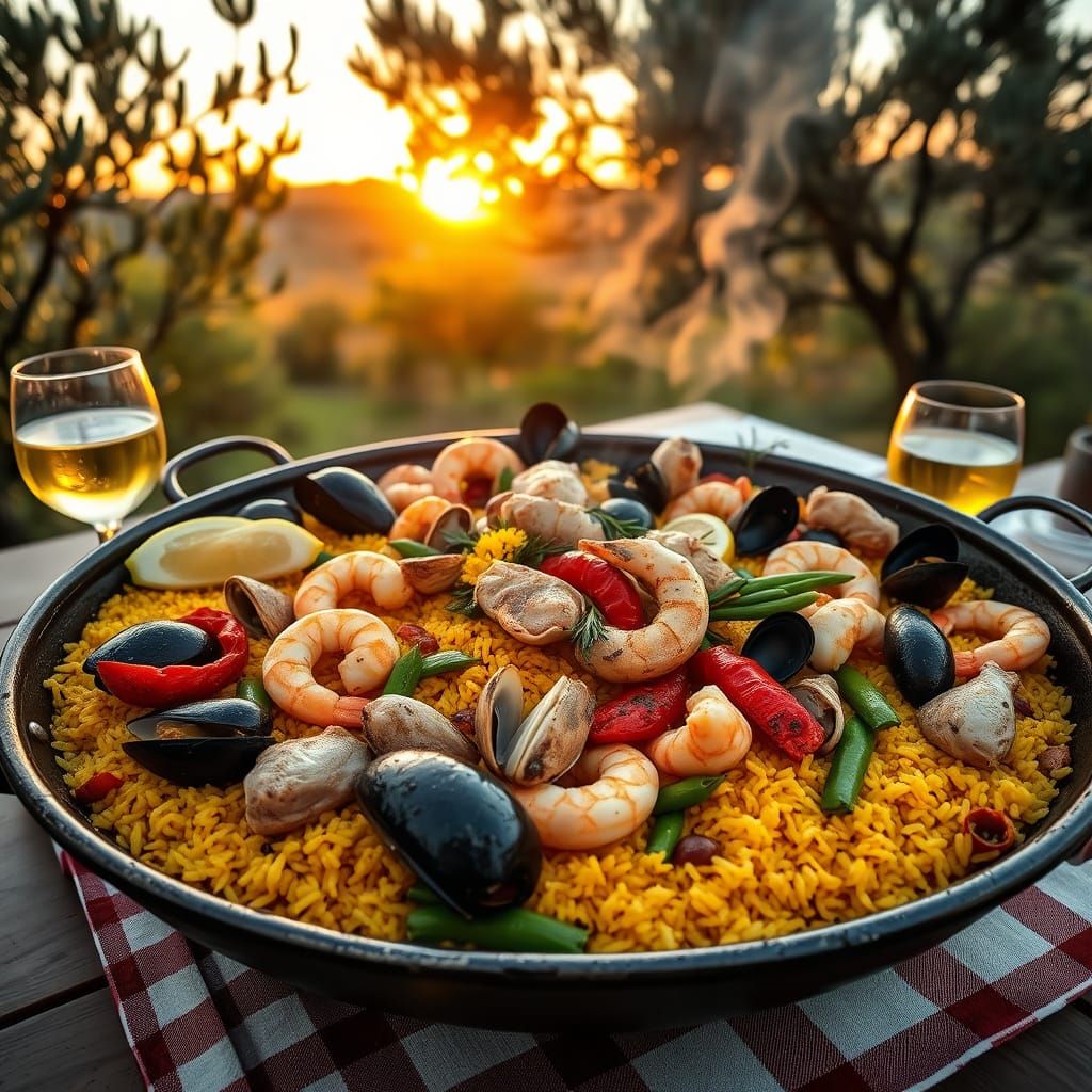 Traditional Paella in a Rustic Spanish Setting