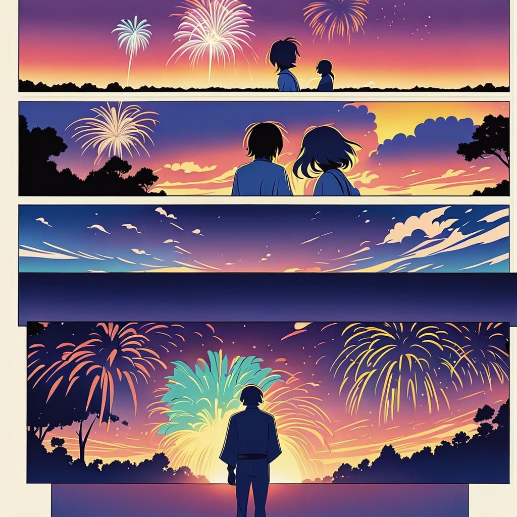 Cinematic Anime Fireworks Display in Summer