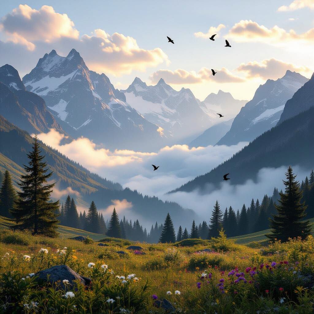 Majestic Mountain Valley at Sunrise, Breathtaking Vista